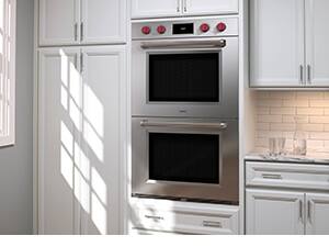 Wolf M-Series double wall oven in white kitchen.