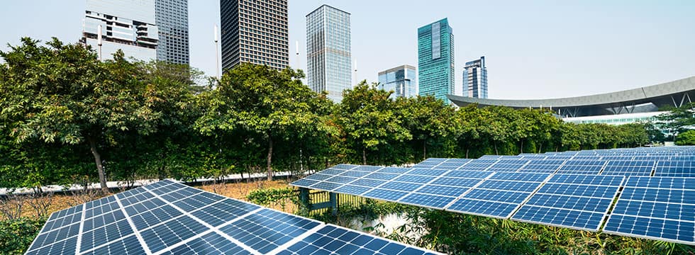Several solar panels in a grassy area near a city, with skyscrapers and an amphitheater in the background.