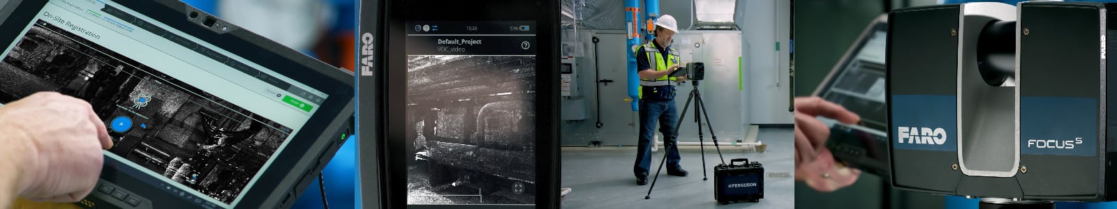 Image on left shows screen of a Faro 3D scanner, and image on right shows a Ferguson associate wearing a hard hat and reflective vest holding the scanner in an industrial room.