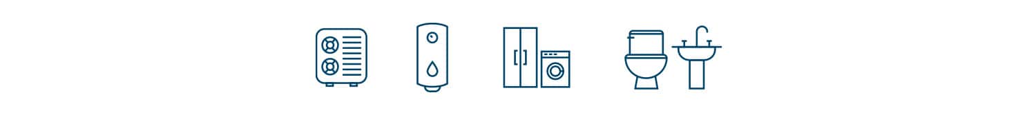 icons of an eco friendly toilet, faucet, washer dryer and light bulb